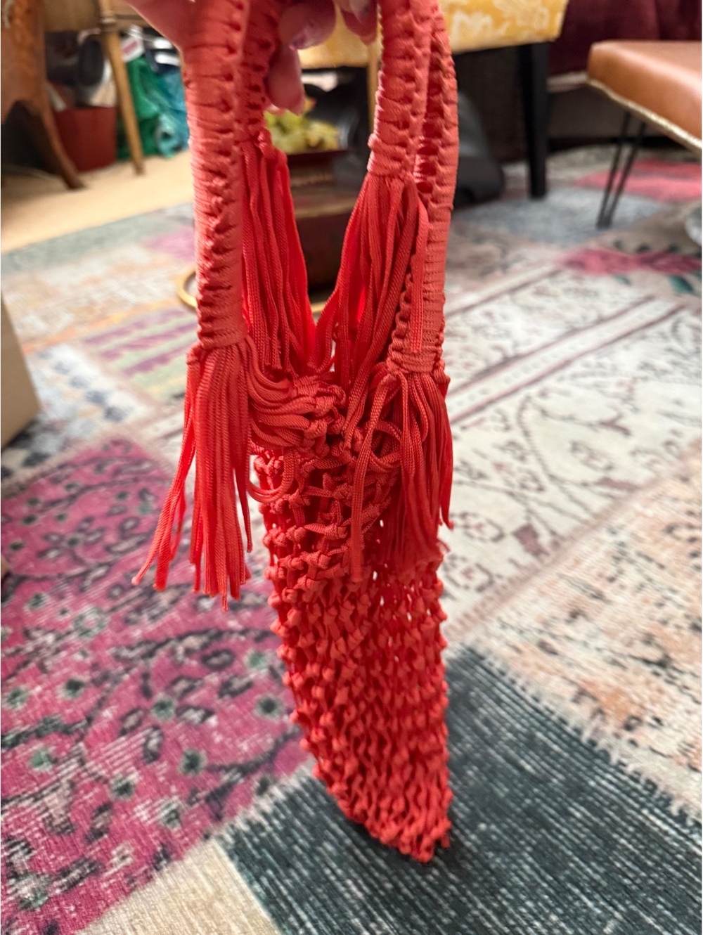 Macrame mesh tote bag/purse side tassels braided top handles